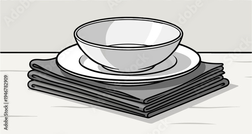 Stacked dinnerware with a bowl, plate, and folded napkins on a table