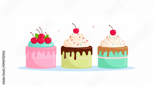 Three small cartoon cakes with colorful frosting and different toppings flat decorative food vector illustration isolated on white background