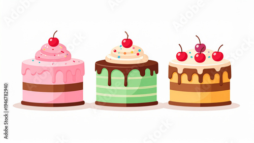 Three small cartoon cakes with colorful frosting and different toppings flat decorative food vector illustration isolated on white background
