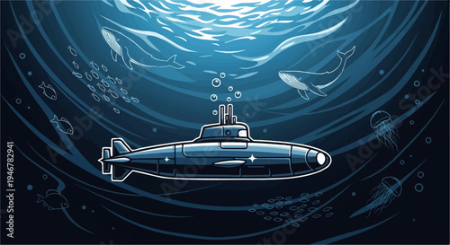 A deep-sea submersible explores the ocean depths alongside whales, fish, and jellyfish