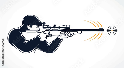 A person in a cap aims a rifle with a scope at a target