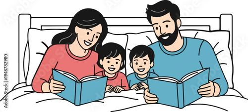 Family reading bedtime stories in bed