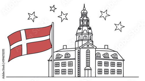 Denmark constitution day with danish flag and building