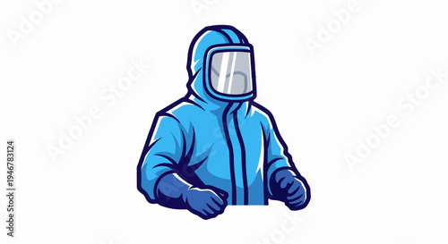 A person in a bright blue protective suit and helmet with a clear visor