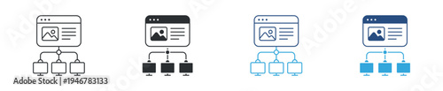 Website hosting network icon set. Web page connected to multiple computers concept. Website distribution and network hosting technology symbol. Line, solid and color style. Vector illustration.