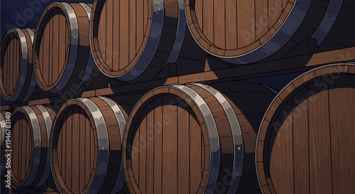 Rows of wooden barrels are stacked in a dimly lit cellar, showing aged wood and metal bands