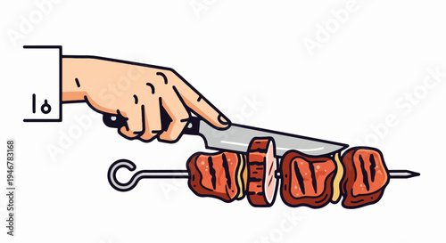 A hand in a white shirt sleeve cuts a skewer of grilled meat and onions