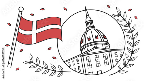 Denmark constitution day celebration with flag and building