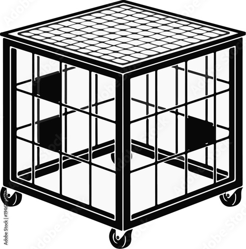A black and white isometric illustration of a cubicle cage with shelves and wheels