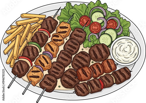 Delicious grilled meat skewers with french fries, salad, and dip