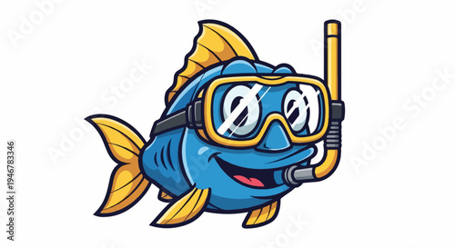 A cheerful blue fish with yellow fins wears a snorkeling mask and snorkel