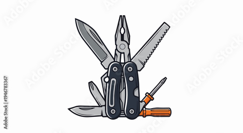 A collection of multi-tool implements, featuring blades, pliers, and screwdrivers, arranged together