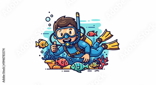 A cartoon diver gives a thumbs up while swimming among colorful fish and coral reefs