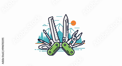 Multi-tool knife with mountain landscape background and stylized sun