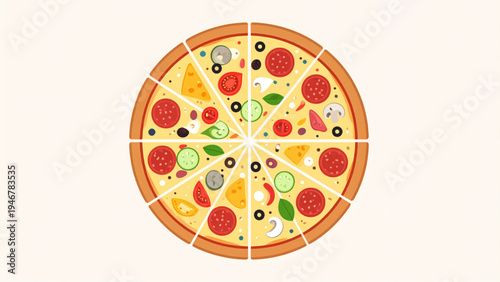 Colorful circular pizza divided into eight slices with toppings flat decorative food vector illustration isolated on white background