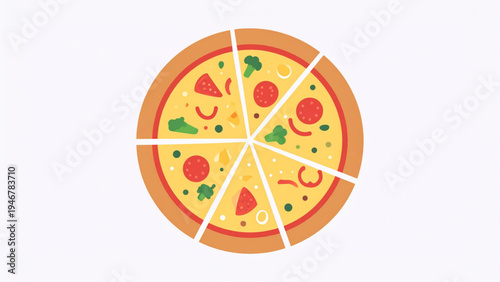 Colorful circular pizza divided into eight slices with toppings flat decorative food vector illustration isolated on white background