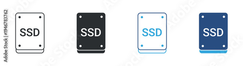 SSD storage drive icon set. Solid state disk hardware symbol. Computer data storage technology concept. Line, solid and color style. Vector illustration.