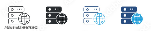 Server and globe icon set. Data hosting and internet network concept. Database server technology symbol. Line, solid and color style. Vector illustration.