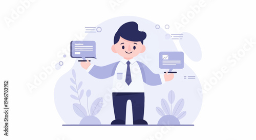 Cheerful cartoon man in suit presenting data and text on screens