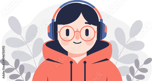 Cheerful person with headphones and glasses smiles, wearing a coral hoodie, surrounded by abstract leaves