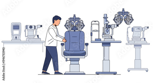 Medical Professional Preparing Equipment For Vision Examination In Ophthalmology Clinic
