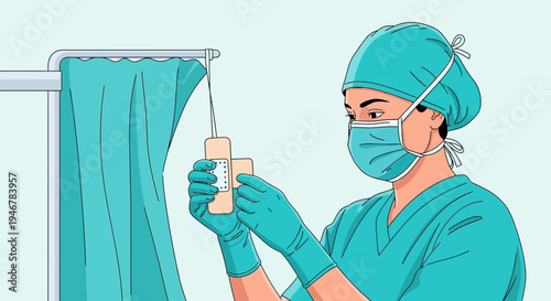 Medical Professional Preparing Sterile Bandage Near Surgical Curtain Illustration