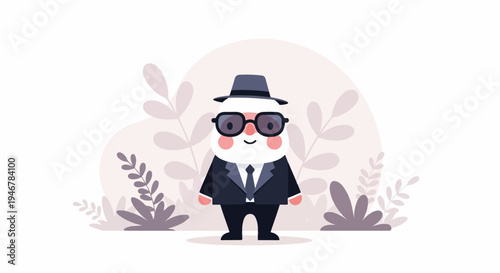 A charming cartoon character in a suit, hat, and sunglasses stands amidst abstract floral designs