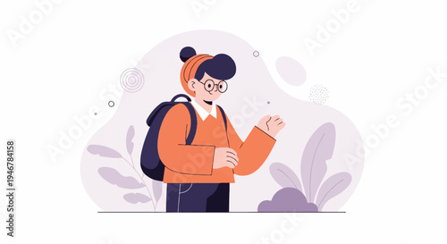 Cartoon character with glasses and backpack, dressed for school, with abstract shapes