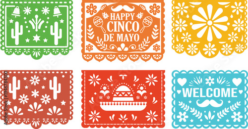 Cinco de Mayo Papel Picado Banner Set with Mexican Folk Cut Paper Designs