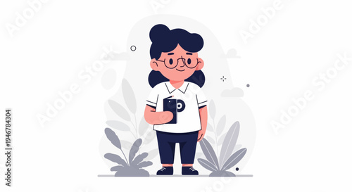Stylized girl with dark hair and glasses holding a phone amidst abstract plant shapes