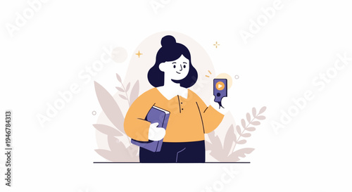 Young person with a book and smartphone, surrounded by abstract leaves
