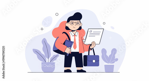 Cheerful person with glasses, tie, and briefcase, holding papers, surrounded by plants