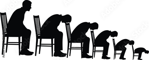 Silhouette sequence of person gradually slumping from seated chair posture to crouched ground position, symbolizing fatigue, decline, emotional deterioration, and physical posture transformation