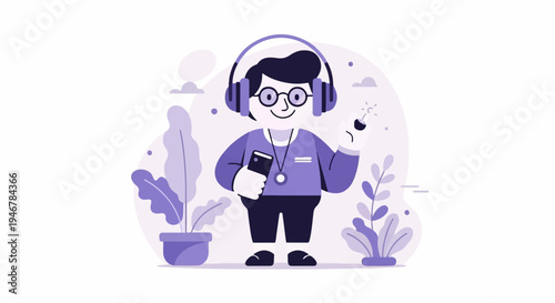 A person with headphones holds a phone and a sparking object, surrounded by plants and abstract shapes
