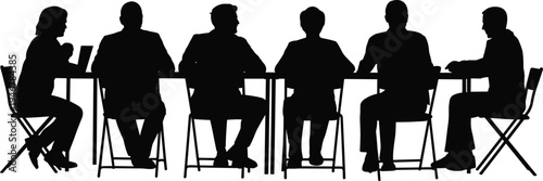 Business meeting silhouettes of diverse professionals sitting at conference table discussing strategy teamwork collaboration corporate discussion isolated vector style on white background illustration