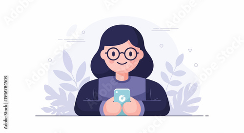 A woman with glasses holds a phone in a stylized, light-colored setting