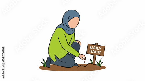 Woman in green shirt and blue hijab planting seeds near a sign that says Daily Habit in soil with grass and dirt ground