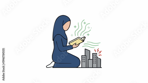 Muslim woman in blue hijab and traditional dress praying with holy book radiating green energy over miniature cityscape with red lightning strikes and building damage isolated on white background