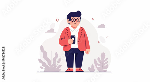 A person in a red jacket and glasses holds a phone, surrounded by abstract shapes and foliage