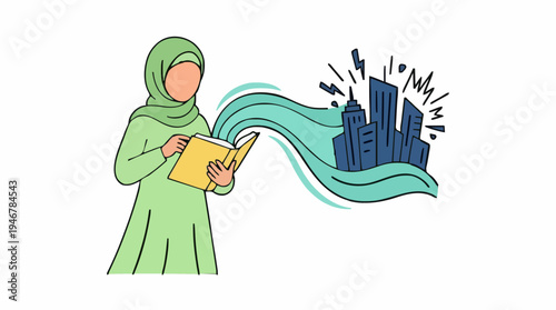 Muslim Woman In Light Green Hijab Reading Book With Images Of Skyscrapers Emerging From Pages In Bright Daytime Lighting