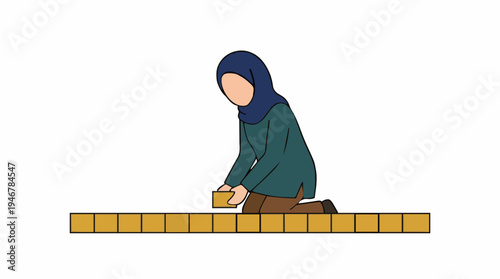 Young Muslim Woman Kneeling Building Tower with Yellow Blocks on White Background