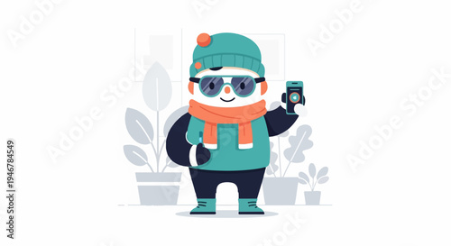 A cartoon character dressed in winter attire takes a selfie with a smartphone