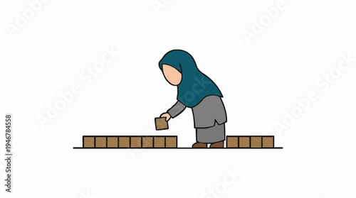 Person Wearing Teal Hijab and Gray Abaya Arranging Brown Blocks in a Simple Illustration Style