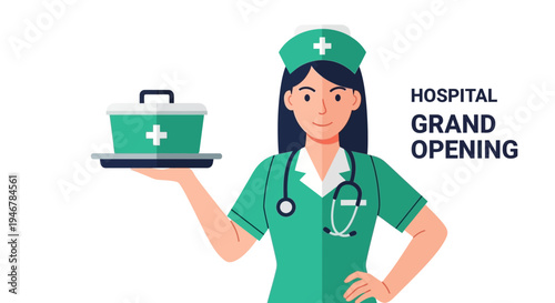 Medical Professional Promoting New Hospital Launch With First Aid Kit Illustration