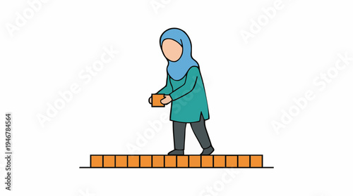 Young Muslim Woman Wearing Blue Hijab and Teal Tunic Holding Orange Block Walking on Orange Blocks Path Simple Flat Illustration