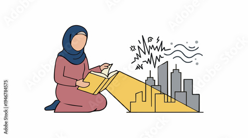 Woman in hijab reading a book with city skyline emerging from pages education and knowledge concept