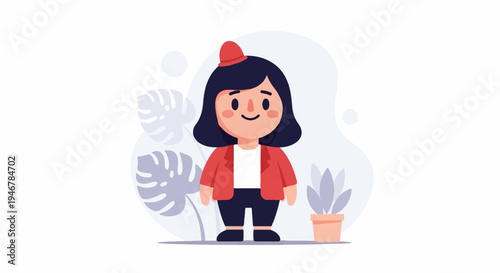 A cheerful, cartoonish person stands in front of leafy decor and a potted plant
