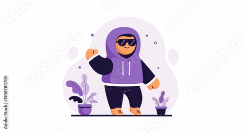 Cartoon character in purple hoodie, sunglasses, and dark pants stands with hands up
