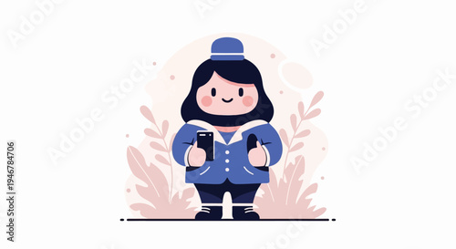 Cheerful person in uniform holding phone and giving thumbs up