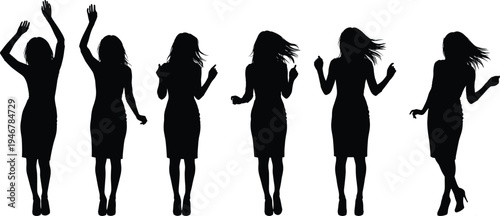 Elegant female dance silhouettes in dynamic poses, expressive movement and rhythm, isolated black figures in dress, performing artistic choreography, graceful performance illustration
